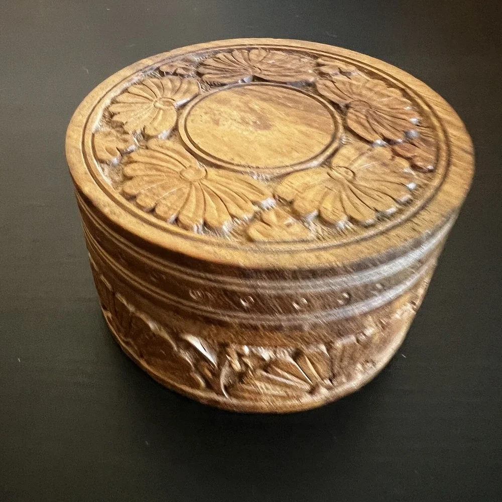 Vintage Wooden Box Floral Hand Carved Flowers Jewelry Trinket